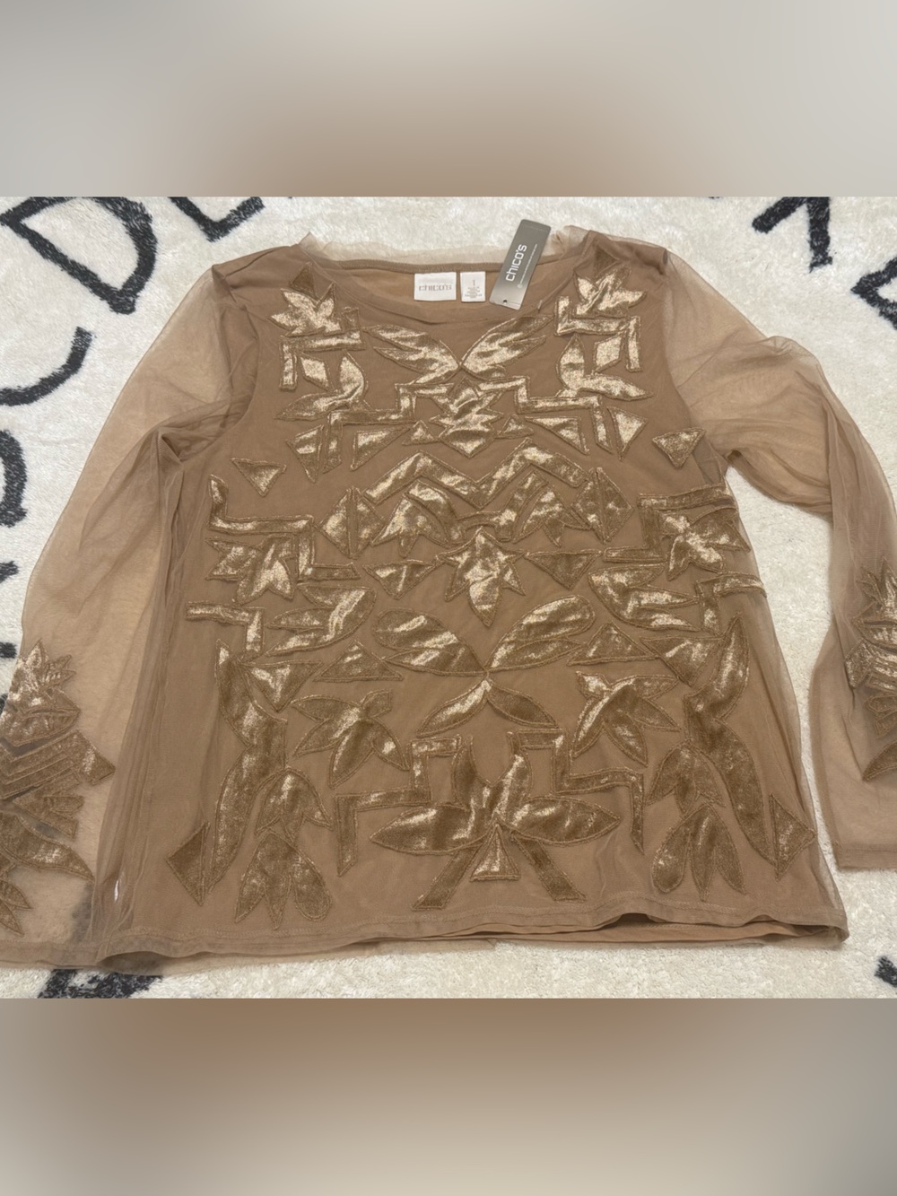 New Chico's Metallic Embroidered Sheer Long Sleeve Top - Brown